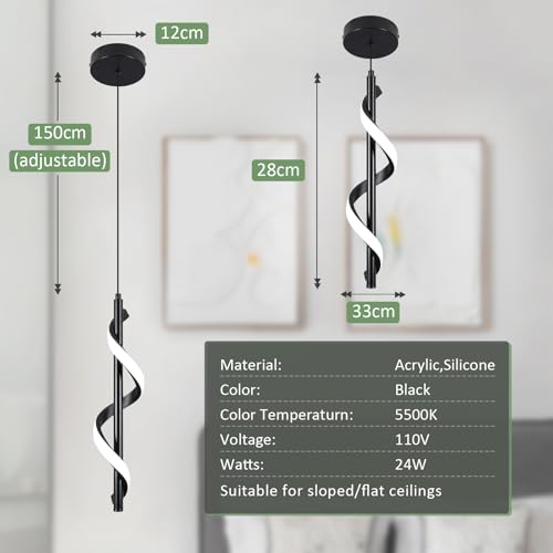 13W Modern Spiral Led Pendant Light Fixture, Cold White 5500K Minimalist Integrated LED Hanging Lamp, Adjustable Hanging Island Light Fixture For Bedroom Living room Kitchen Sink, 1 Pack (Black)