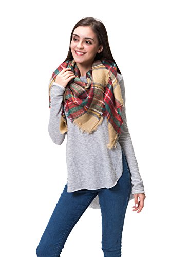Lemef Damen Schal Kariert Winterschal Quadratisch Deckenschal Karo Tartan Streifen Plaid Muster Oversized Fransen Poncho