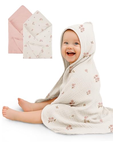 Image of Wimist Hooded Baby Towels 2 Pack, Muslin Baby Bath Towels with Hood for Newborn Infant and Toddler, Soft Breathable & Absorbent, 32" x 32" (Vintage Blossom & Pink, Heavyweight)