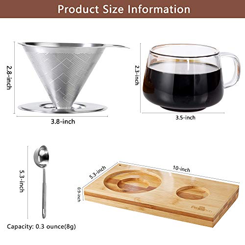 Pour Over Coffee Dripper Set Include Stainless Steel Paperless Reusable Filters, 8 Ounce Glass Cup, Spoon and Bamboo Base, Portable Single Cup Coffee Maker for Home Office - Gift-ready Package