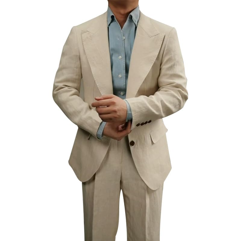HBDesign 2 Button Men's Linen Peak Lapel Collar Suit for Men Summer Wedding Linen Suit Groom Prom Tuxedo Suit2