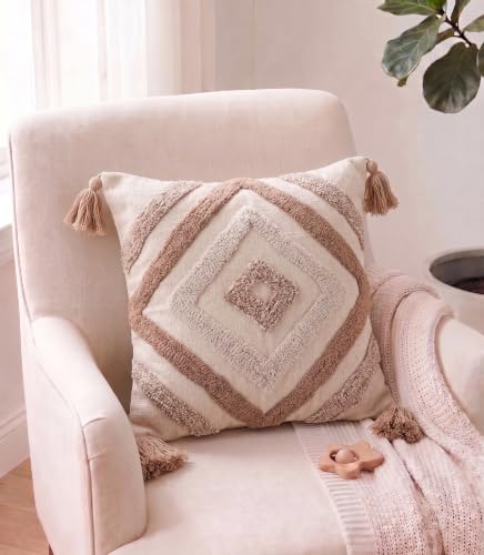 Image of Furnistitchs Handmade Cotton Bohemian Home Decor Cushion Cover 24x24 inches / 60x60 cms - Boho Chic Couch Sofa Throw Living Room Bedroom Cushions (2, Beige Square)