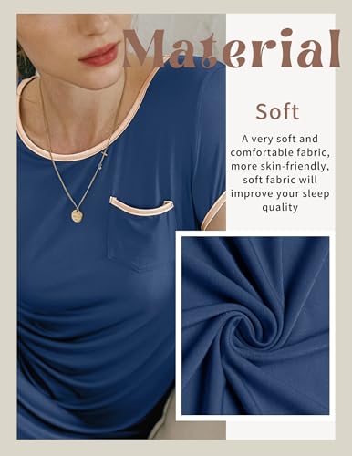 Image of Ekouaer Womens Nightgown Sleep Shirt Dress Satin Patchwork Short Sleeve Sleepwear with Pocket