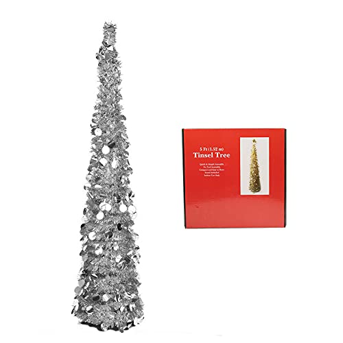 5ft Collapsible Artificial Christmas Tree, Pop Up Silver Tinsel Coastal Christmas Tree for Holiday Carnival Party Home Office Fireplace Decorations