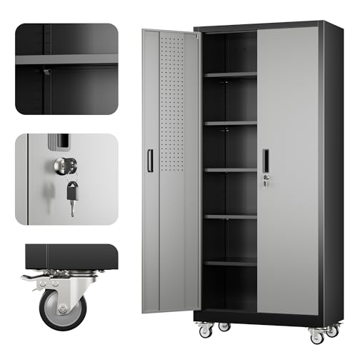Image of Aobabo Upgrade 71H''*32''W*16''D Metal Garage Storage Cabinet with Wheels and Pegboards, 5 Adjustable Shelves Steel Storage Cabinets for Home,Warehouse,Garage,Assembly Required,Black Gray