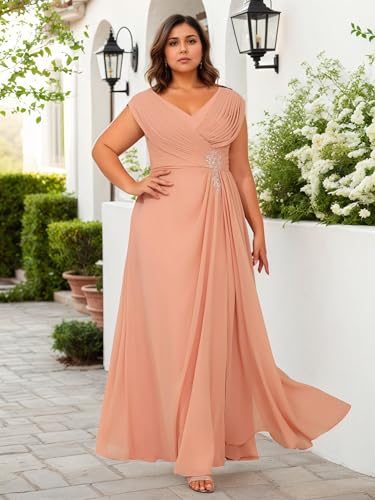 Long Chiffon Mother of The Bride Dresses Plus Size for Women V Neck Pleated Wedding Guest Gowns with Pockets LB1134