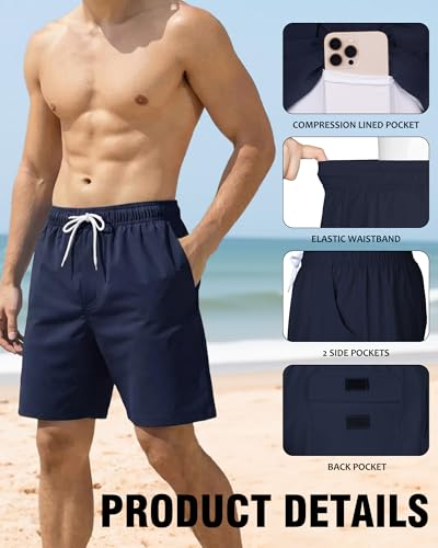 Image of Mens Swim Trunks with Compression Liner 2 in 1 Quick Dry Swimming Shorts Swimwear Bathing Suits with Pockets