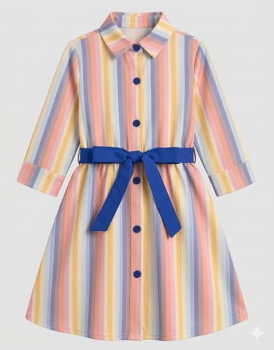 Image of A.T.U.N. (ALL THINGS UBER NICE) Girls 100% Cotton Shirt Dress with Belt | Button-Down Dress with Collar Neck | Soft Breathable Kids Outfit for Girls