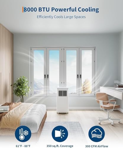 Image of 8,000 BTU Portable Air Conditioners, 4-in-1 Modes with Cooling, Dehumidifier, Fan, Sleep Mode, 24-Hour Timer, Remote Control & Complete Window Kit, Cools Rooms Up to 350 Sq. Ft., for Bedroom
