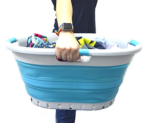 Image of SAMMART 36L (9.5 gallon) Collapsible 3 Handled Plastic Laundry Basket-Foldable Pop Up Storage Container /Organizer-Space Saving Basket (3 handled Oval, Grey /Bright Blue)