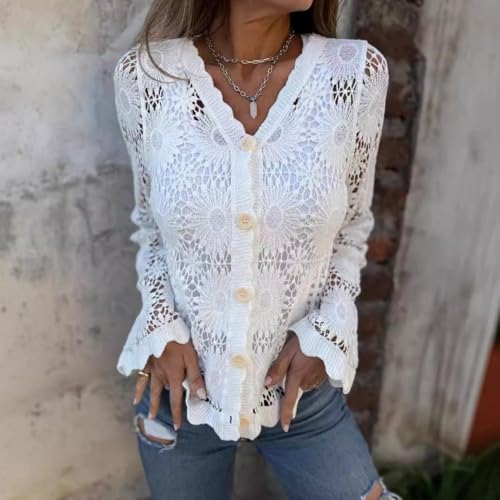 Cutout Embroidered V-Neck Button Long Sleeve Top, Womens Lace Tops and Blouses Long Sleeve Button V Neck Shir3