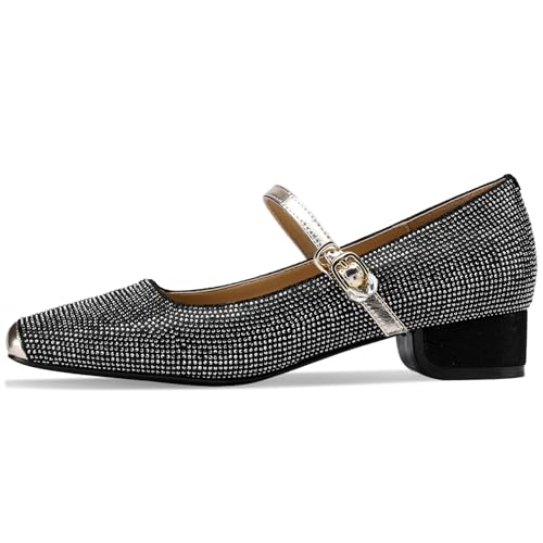 TDD Mary Jane Shoes Women 1 Inch Low Heels Chunky Block Square Toe Dress Pumps Vintage Dressy Strap Comfortable Zapatos Width Buckle Classy Rhinestone Crystal2
