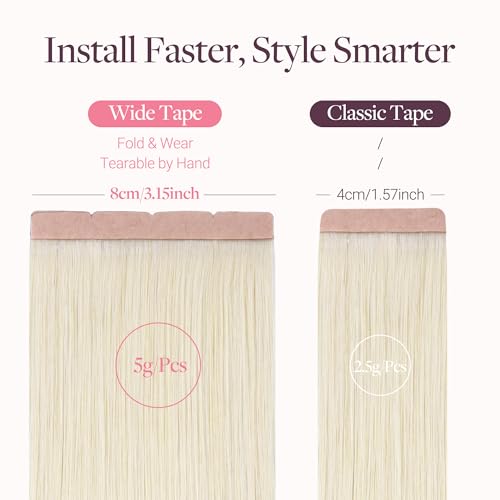 Image of GOO GOO Tape In Weft Hair Extensions Human Hair, 60A Platinum Blonde, 8cm Wide Tape, 20inch 20pcs 100g, Tape Weft Hair Extensions, Seamless Tape in