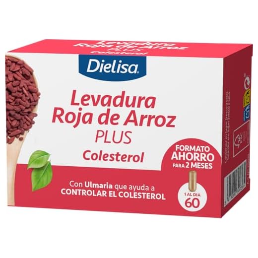 Dielisa - Levadura Roja de Arroz Plus. Complemento Alimenticio a Base de Monacolina K y con Ulmaria que Ayuda a Controlar el Colesterol - 60 Cápsulas