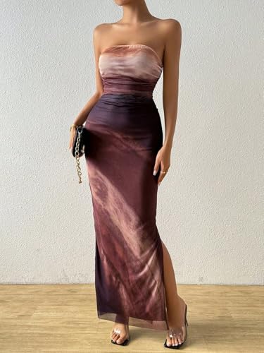 Image of LIGHT DOT Women's Summer Maxi Dress Tie Dye Strapless Tube Bodycon Side Slit Mesh Layered