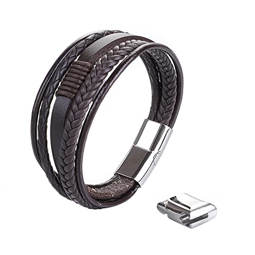 UEUC Genuine Leather Cuff Bracelet for Men, Multi-Layer Braided Leather Wrist Band, Stainless Steel Magnetic Clasp Bangle Bracelet Adjustable(Brown)
