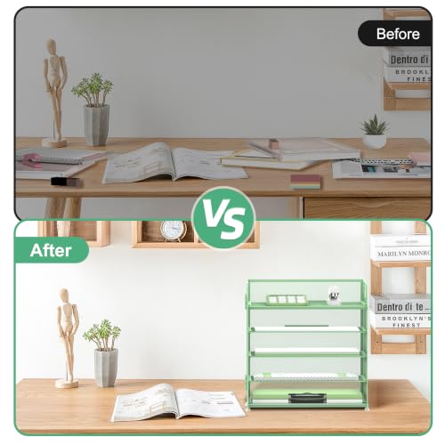 Image of Supeasy 5 Trays Paper Organizer Letter Tray with Handle-Mesh Desk File Holders, Paper Sorter Desk Organizer for Office, Home, Classroom or School(Mint Green)