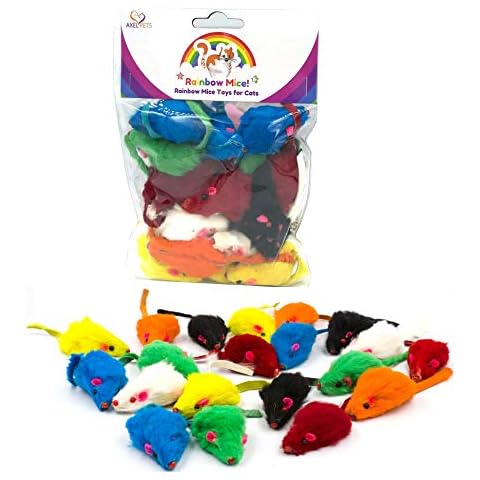 AXEL PETS 20 Rainbow Mice with Catnip and Rattle Sound Made of Real Rabbit Fur Interactive Catch Play Mouse Toy for Cat, Pack of 20 Mice Cover