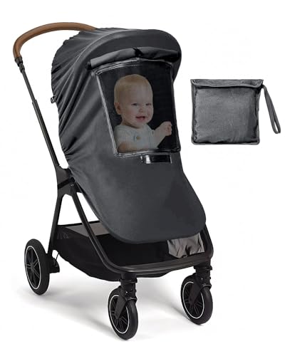 Evolpor Pram Sun Shade, Full Cover Universal Sun Shade for Pram with Adjustable Curtains, Breathable Safely Insect Prevention Blocks up to 99% of UV Fabric Baby Stroller Sun Protection, Dark Gray