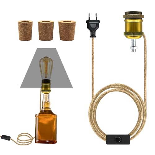 E27 Soporte para Lampara para Botella, Base de Lámpara de Metal Cerámico con Cable de Cuerda de 240 CM, Se Puede Equipar con Pantalla, Lámpara de Mesa Botella de Vino DIY para Todo Tipo de Botellas
