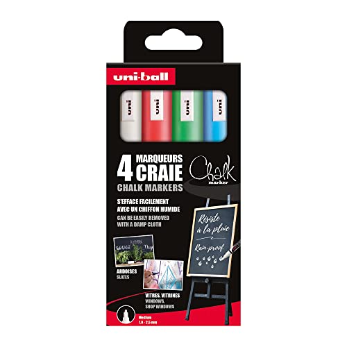 UNI-BALL Chalk Marker - Uni Mitsubishi Pencil - Marqueurs Craie PWE-5M - Marquage Éphémère, Résistant à la Pluie - Pointe Conique Medium, Emballage Zéro Plastique - Lot de 4 Couleurs Assorties