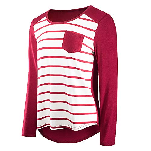 Camiseta feminina, listrada, casual, manga solta com bolso, Vermelho, L