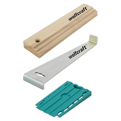 wolfcraft Set para suelos perfectos 'Instalación de suelos laminados y de diseño' I 6975000 I Kit completo compuesto por dispositivo de tracción, taco de madera y 30 cuñas universales