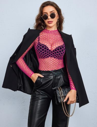 Image of Avidlove Women's Sexy Fishnet Mesh Long Sleeve Tops Mock Neck Sheer Lace See-Through Blouse Bodycon Clubwear Party Tops