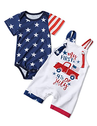 Image of MIGU 4th Of July Baby Boy Outfits My First 4th Of July Work Romper+Stars And Stripes Short-Sleeved T-Shirt 2pcs Sets