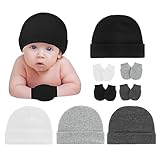 Zando Baby Hats and Mittens Newborn Hospital Hat for Boys Infant Cotton Beanie with Gloves Baby Boy Cap and Mitten Set Baby Hats 0-3 Months F Black & White & Gray & Black-Gray One Size