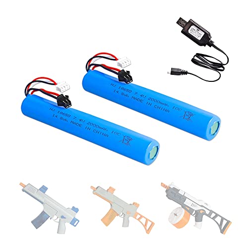 RunCam 7.4V 2000mAh Battery for Splatter Ball Gun Gel Bead Blaster Airsoft: 2 Pack Rechargeable Replacement Batteries with USB Charging Cable SM2P...