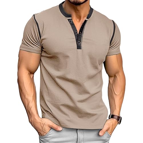 Men Round Neck Short Sleeve Henry Shirt Quarter Button Casual Sport Shirts Summer Exercise Training Pullover Tops (Khaki,X-Large)