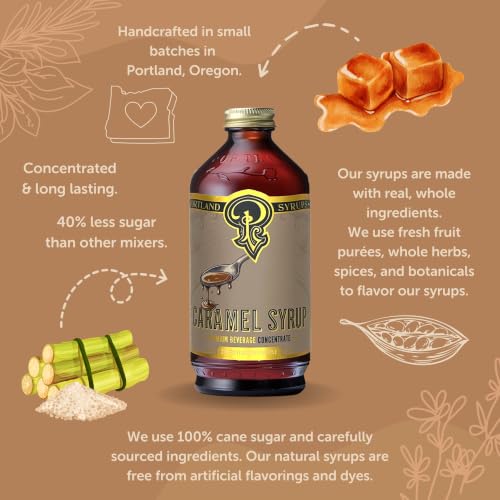 Image of Portland Syrups Caramel Syrup - Flavoring for Coffee, Lattes, Cold Brew, Macchiatos, Cocktails, & Desserts - Ideal for Drinks & Adding a Caramel Touch to Any Beverage - 12 oz, 24 servings (Pack of 1)