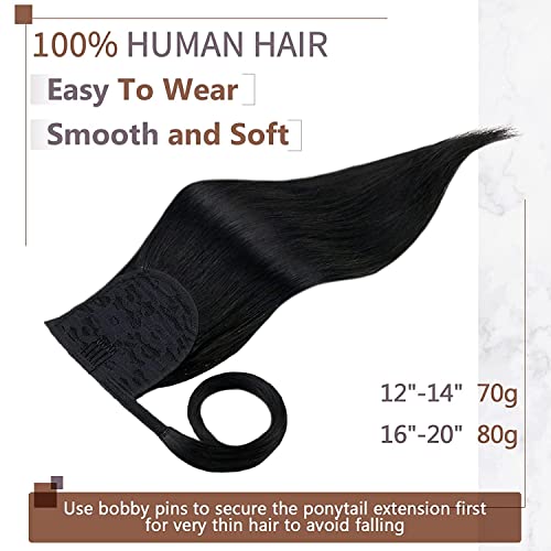 RUNATURE Black Human Hair Ponytail Extensions Real Hair Jet Black Ponytail Human Hair Extension Balck Clip in Ponytail Hair Extensions Straight 20 Inch 80 Gram - Image 3