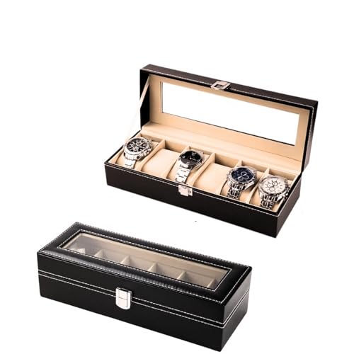 Caixa Organizadora de Relógios com Design Moderno e Minimalista, 6 Compartimentos, Estojo em Couro Sintético com Fecho Metálico e Tampa Transparente, Para Colecionador ou Uso Diário