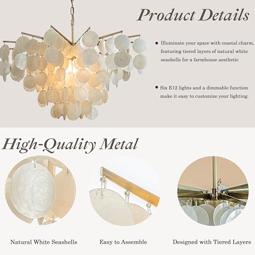 ALOADECOR 6-Light 30" Cone Shape 5-Tier Coastal Capiz Shells Chandelier with Antique Gold Metal Farmhouse Natural Seashell for Dining Room Living Room - Image 4