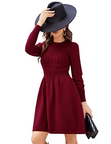 KOJOOIN Women Long Sleeve Knitted Crewneck High Waist A-Line Cute Mini Sweater Dress