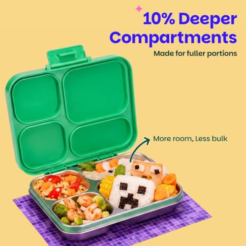 Image of Basil Bento Ace 4C Stainless Steel Lunch Box for Kids | 4 Compartment Leakproof Tiffin Box for Teens & Adults | BPA-Free, Easy-to-Open School Lunch Box | Retro Stack