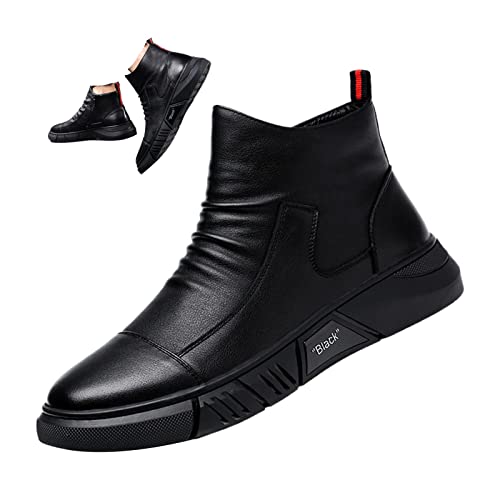 Image of Keilinia Men's Black Italian High-top Casual Leather Boots,2022 Fall New Round Toe Waterproof Non-slip Shock-absorbing Booties
