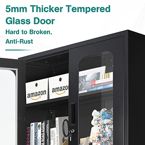 Intergreat Locking Metal Cabinet With Lock,Tall Office Storage Cabinet With Glass Door,Lockable Black Steel Cabinet With 3 Adjustable Shelves For Home,Pantry,Kitchen,(72"X36"X18") #TOP3