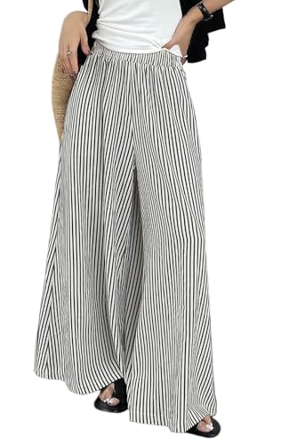CHARTOU Women Summer Stripes Wide Leg Pants Casual Loose Fit Elastic High Waist Baggy Pants with Pockets
