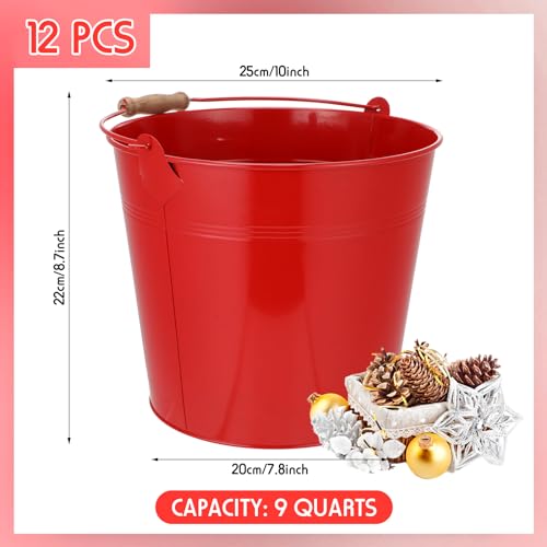 Image of Didaey 12 Pcs 9 Quart Large Galvanized Metal Buckets with Handle Inch Heavy Duty Stainless Steel Pails Round Pail for Party Wedding, Crafts, Utensils, Table Centerpieces (Red)