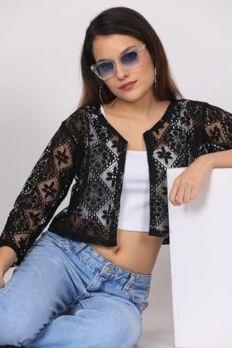 Image of Women Self Design Floral lace Regular Open Front Shrug