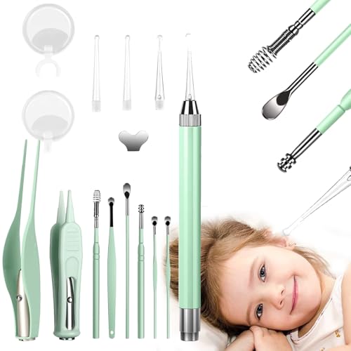 LED Ear Wax Removal Tool Kit 15 Pack Ear Cleaning Set with Light Ear Picker Spoon Tweezers & Spiral Spring for Kids and Adults Green