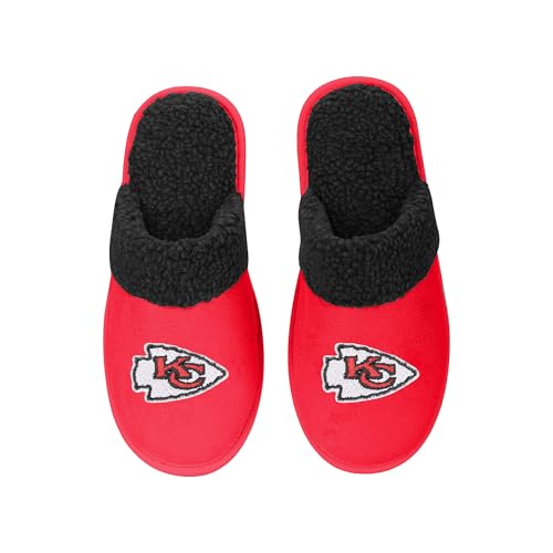FOCO - Mens NFL Big Logo Team Color Suede Sherpa Scuff Slippers (Kansas City Chiefs US Footwear Size System Adult Men Alpha Medium X-Large)