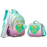 Conjunto de Mochila Infantil 3 Peças, Corações e Laço, Mochila Escolar com Bolsa Térmica e Estojo (Verde roxo)