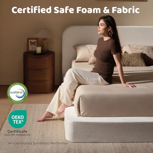 Image of RECCI Airframe Bread King Curved Cloud Platform Bed Frame | Fully Cushioned Foam Rectangular Panels and Soft Rounded Headboard, Easy to Assembly, Beige Chenille for Aesthetic Bedrooms