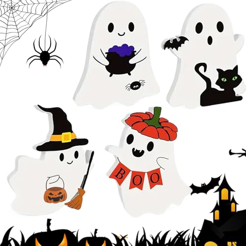Lainiaoly Figura de Fantasma - 4 Piezas Decoración Halloween Señales Espectros Centros de Mesa Interiores - Decoración Hogar Estante Ventana Repisa Chimenea Sala Dormitorio Cocina Oficina