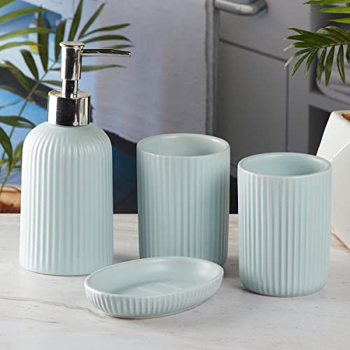 Image of SaSaSa Ceramic Bathroom Accessories Set of 4 Modern Bath Set with Soap Dispenser & Toothbrush Holder, Luxury Home & Gift Idea, Blue (9630)