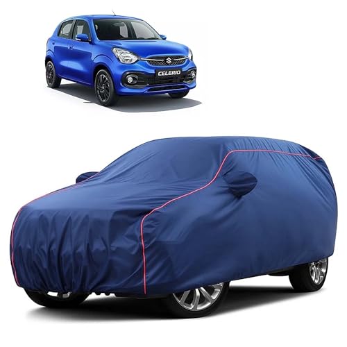 Image of Sulfar 100% Water Resistant Car Body Cover Compatible with Mirror for Maruti Suzuki Celerio (Triple Stitched, Full Bottom Elastic, Blue Taffeta with Red Piping)
